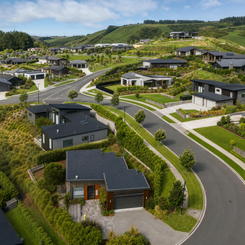 New Zealand residential subdivision with modern houses and landscaped gardens