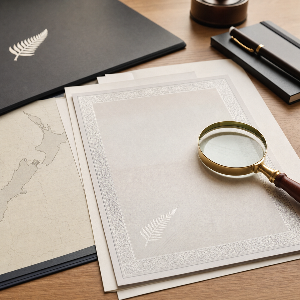 New Zealand property title documents on a wooden desk with magnifying glass