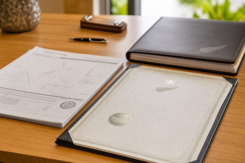 New Zealand property title documents on wooden desk