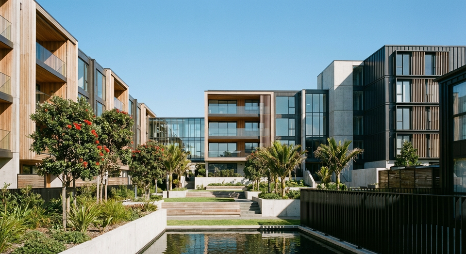 Modern apartment complex in Auckland New Zealand - body corporate property title searches