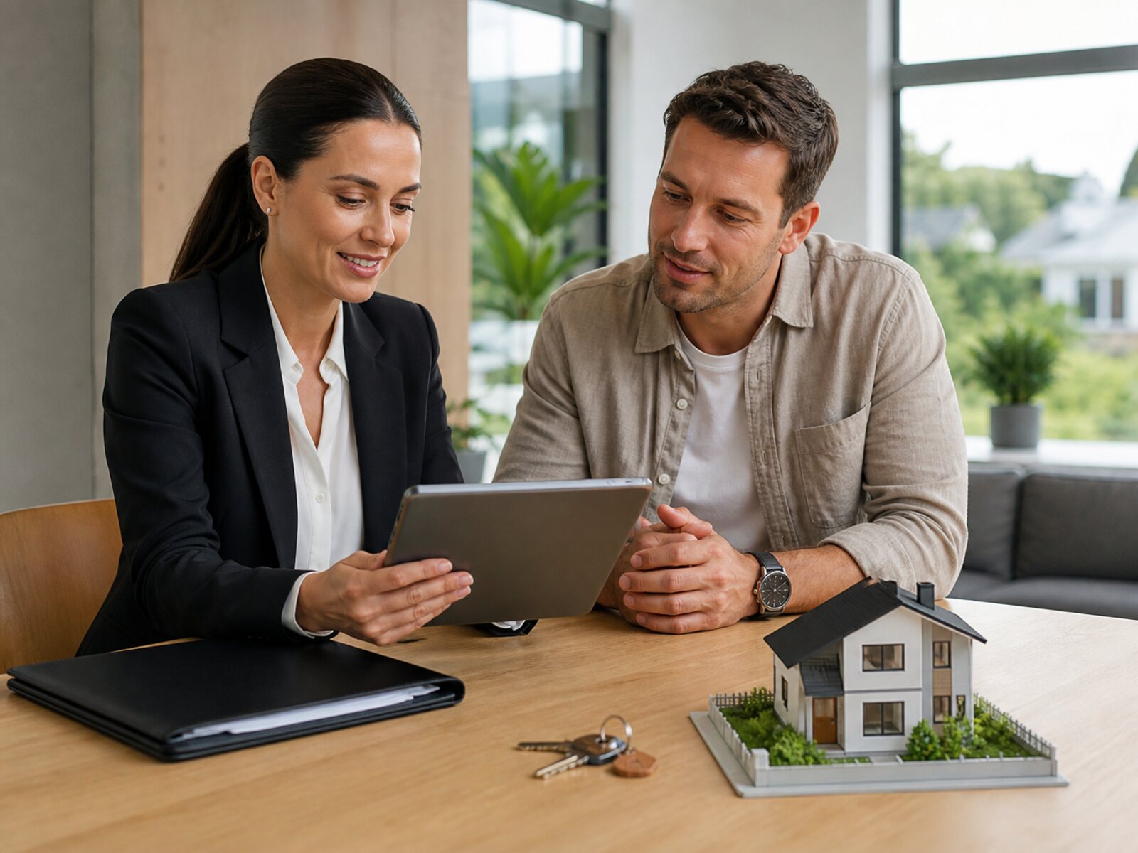 Mortgage adviser reviewing property information with a New Zealand homebuyer