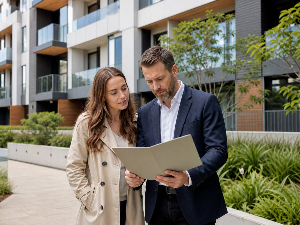 Apartment buyer and adviser reviewing information in a shared residential courtyard