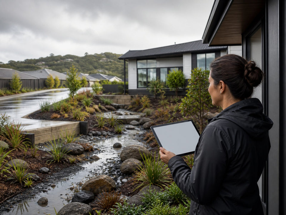 Property consultant reviewing drainage around a New Zealand home after rain