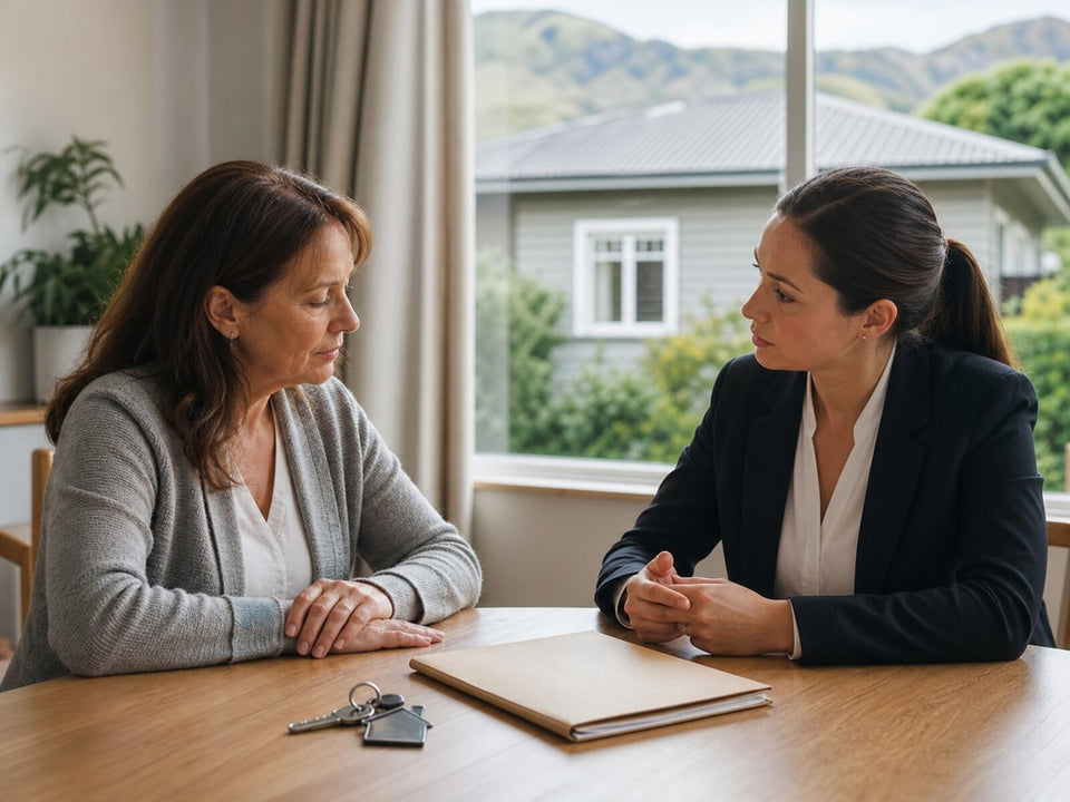 Homeowner having a supportive property consultation at a quiet dining table