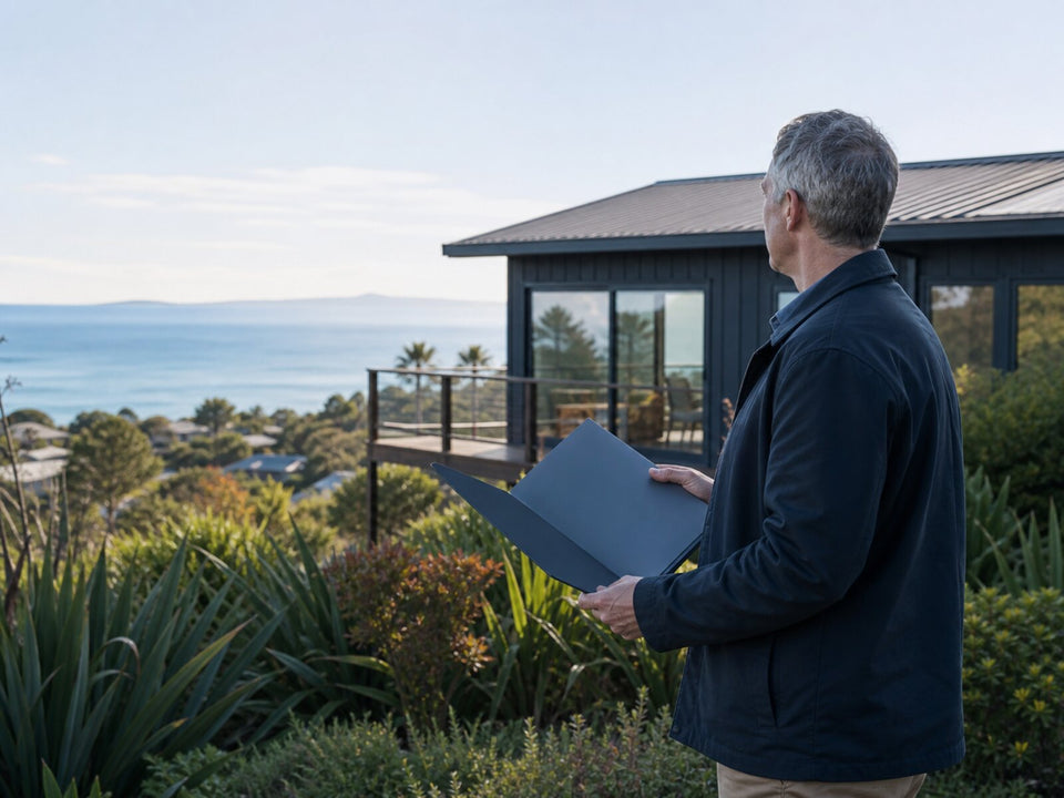 Buyer reviewing property information outside a contemporary New Zealand coastal home
