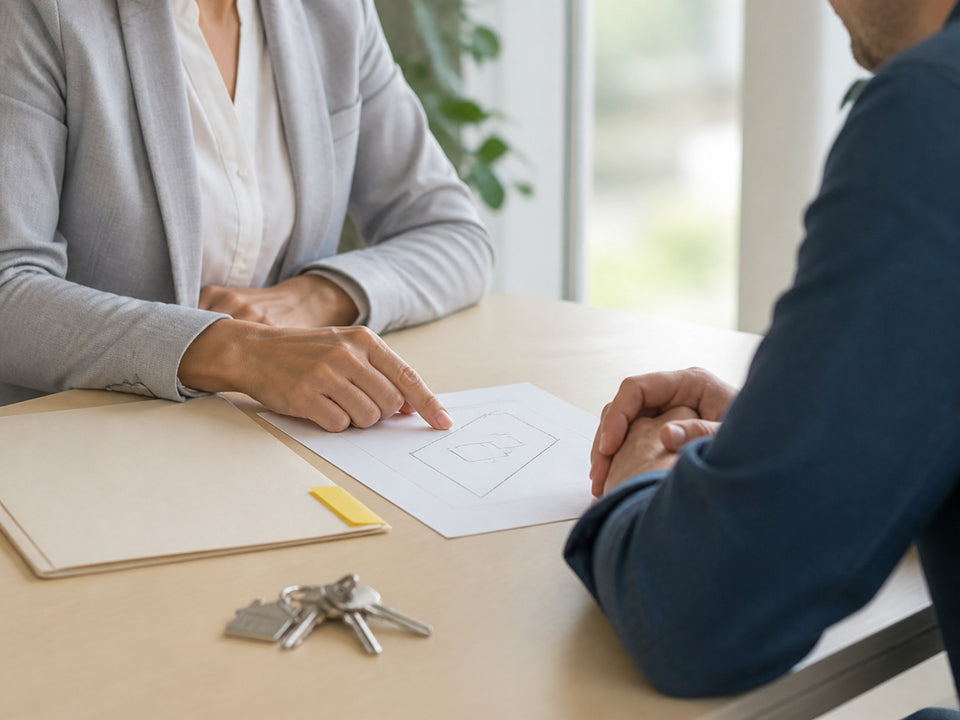 Buyer and conveyancer discussing a boundary issue during property due diligence