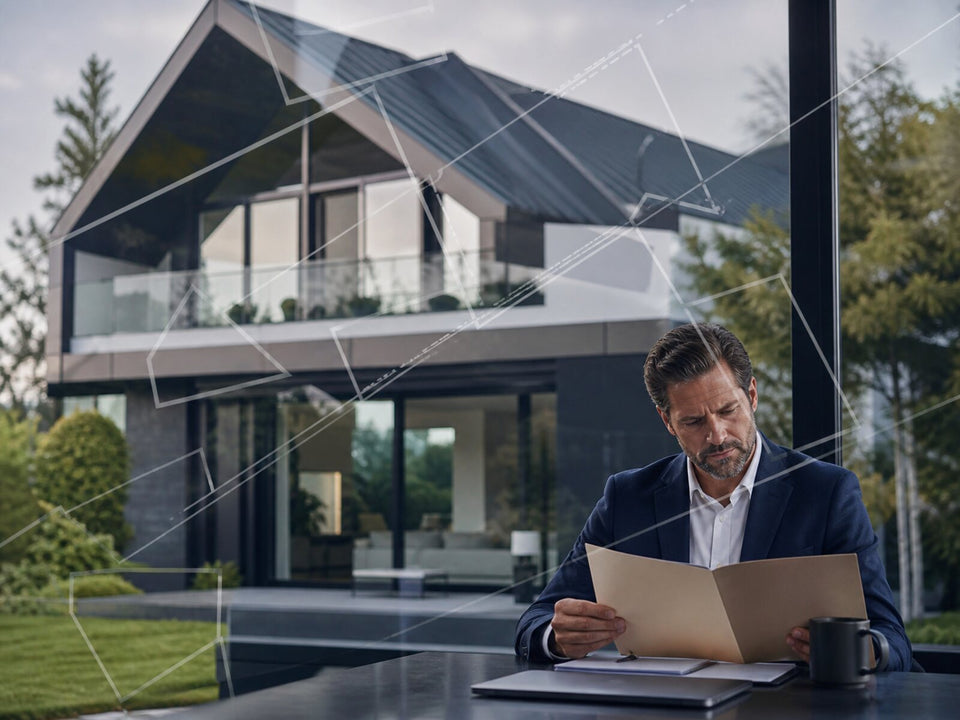 Property professional reviewing information with boundary lines layered over a home