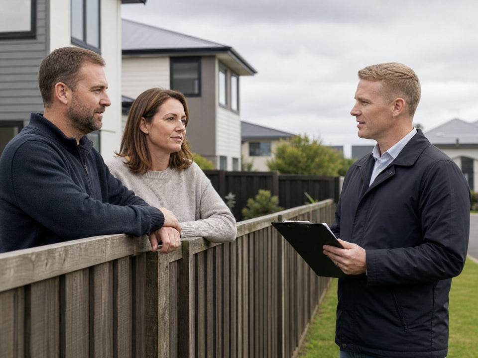 Neighbours discussing a shared fence boundary with a property professional