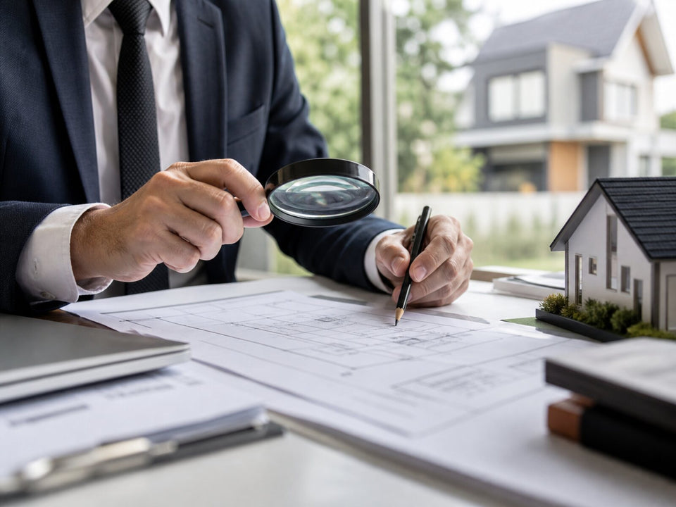 Property professional examining an abstract property plan with a magnifying glass