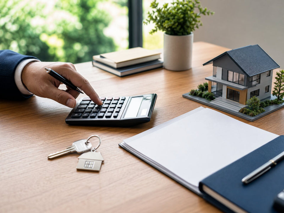 Calculator, house keys and property documents arranged on a home office desk