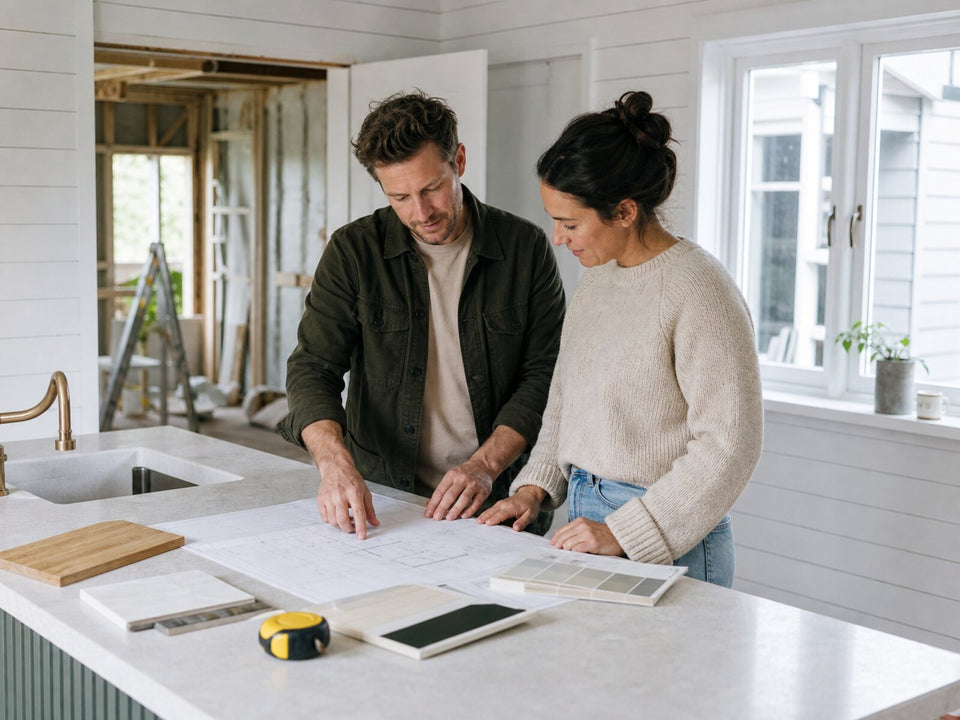 Homeowners reviewing renovation plans inside a New Zealand weatherboard home