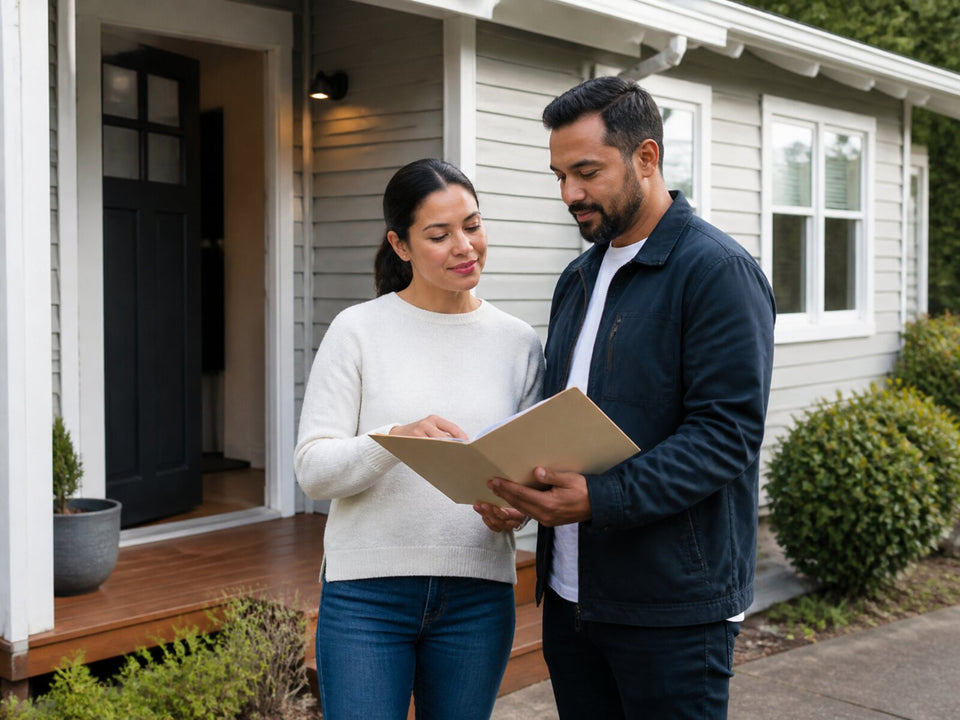 Tenant and landlord reviewing property information outside a New Zealand rental home