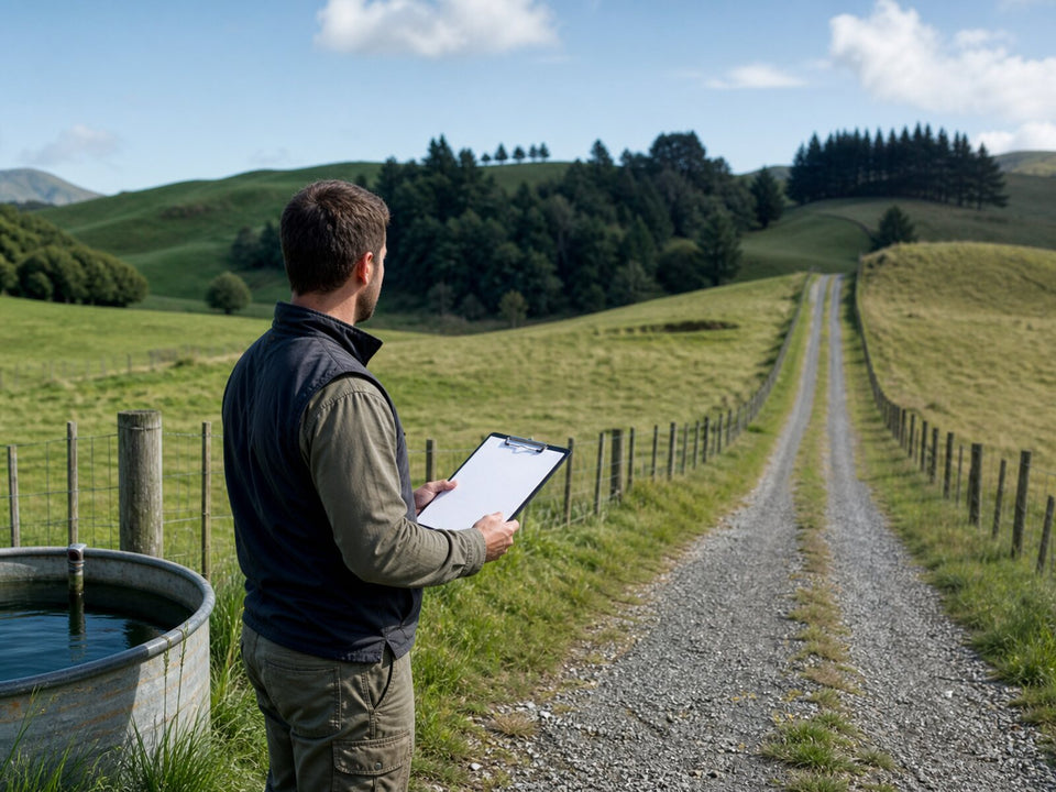 Rural property professional inspecting a fenced access road and water supply