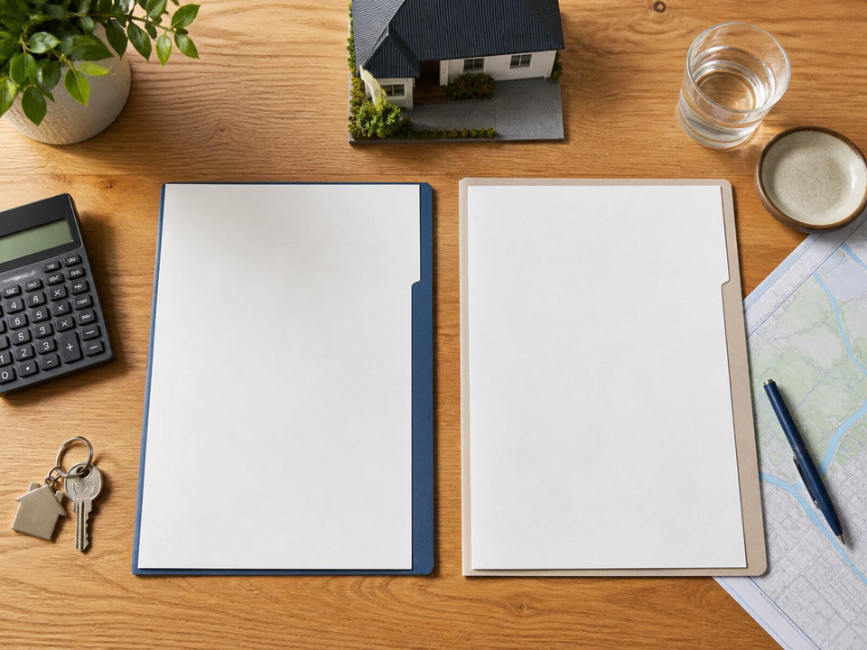 Two property document folders arranged with house keys, a calculator and a map