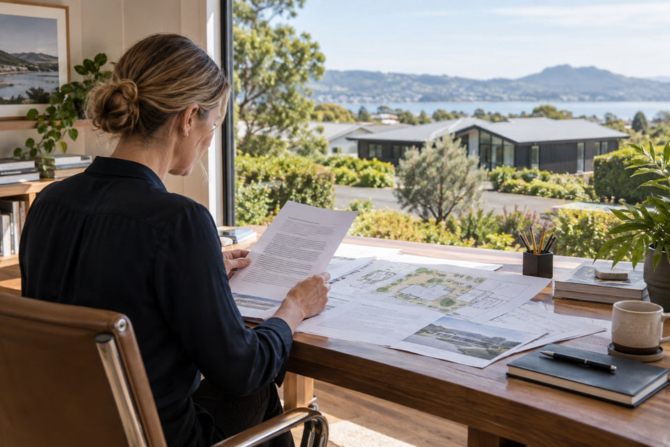 Property professional reviewing a consent notice and site plans for a New Zealand home