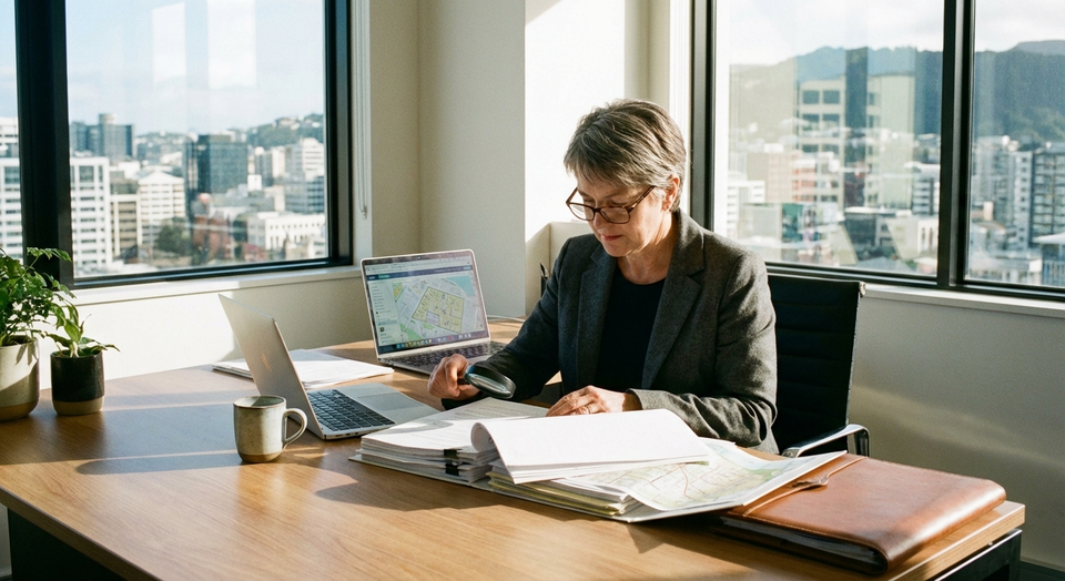 New Zealand solicitor reviewing property title documents at a desk