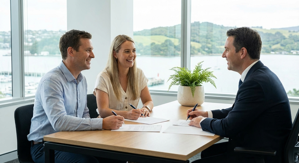 Couple signing property ownership documents with a solicitor in New Zealand