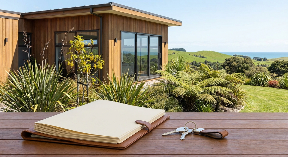 Property documents and keys on a wooden table representing mortgage checks in New Zealand
