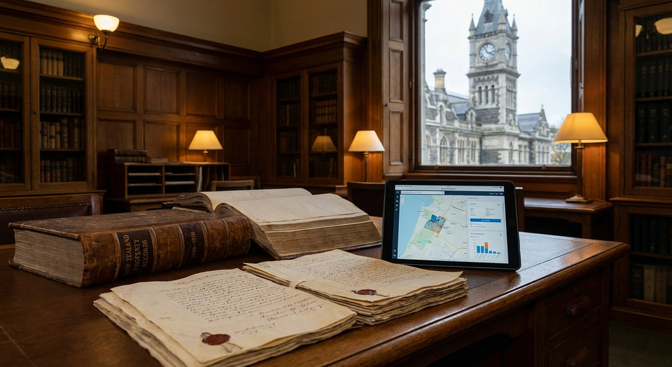 Historic New Zealand property records and land documents beside a modern tablet