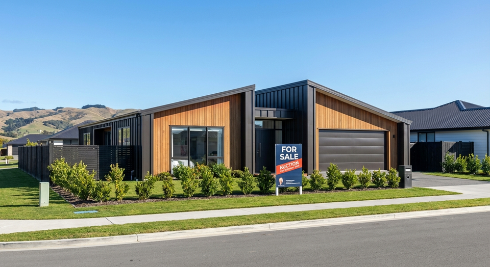New Zealand suburban home with for sale sign at mortgagee auction - property title search guide