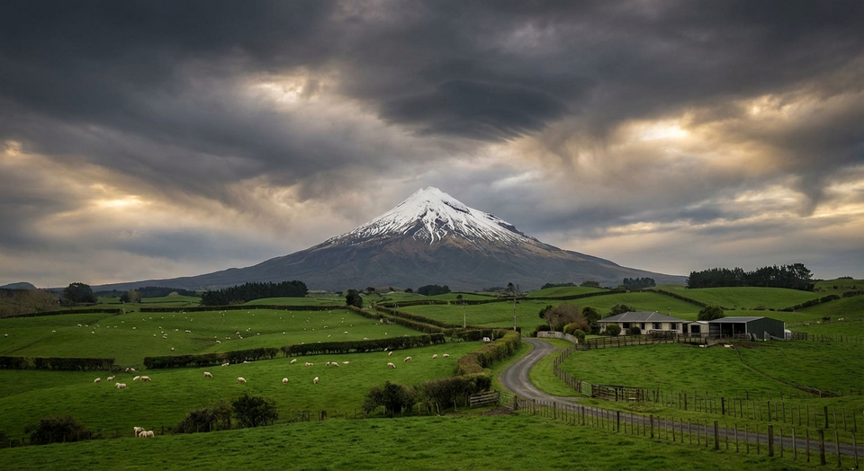 Mount Taranaki with green farmland - property title search guide
