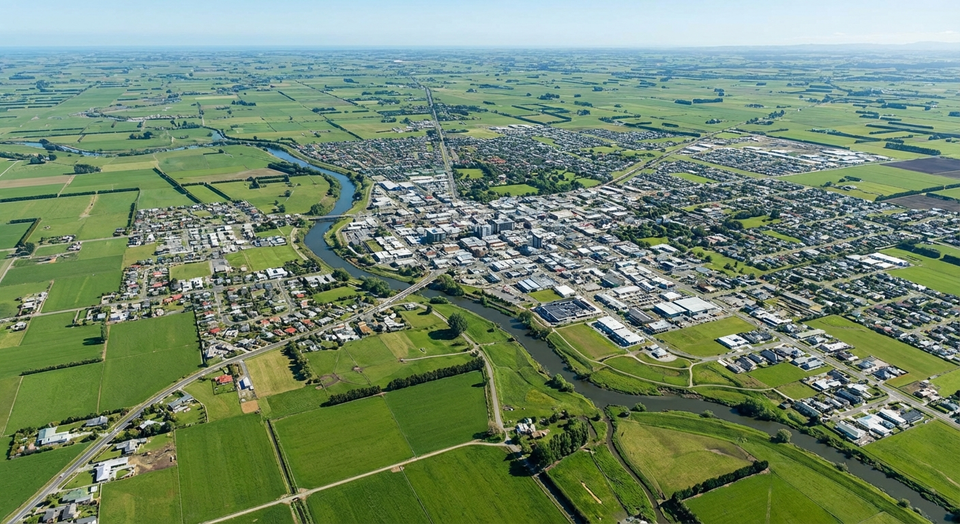Aerial view of Palmerston North city and Manawatu plains New Zealand