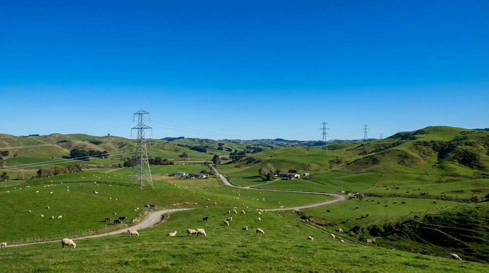 Power lines crossing New Zealand rural farmland — utility easements on property titles