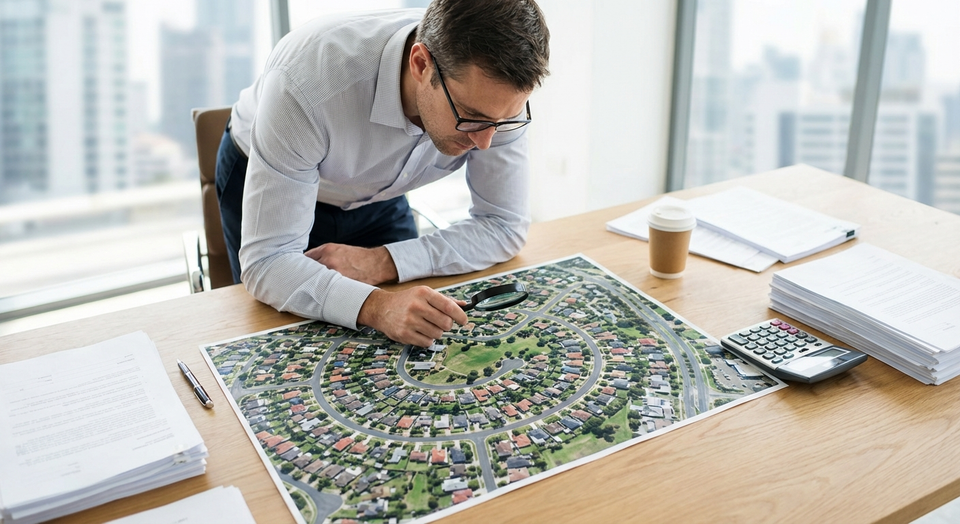 Property investor reviewing title documents and aerial map of New Zealand residential properties