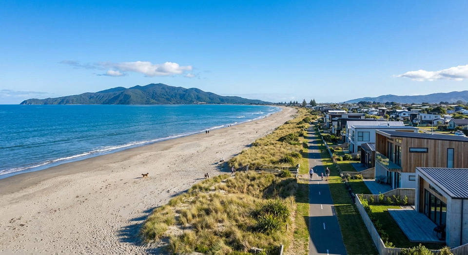 Kāpiti Coast beach with Kāpiti Island in background, New Zealand