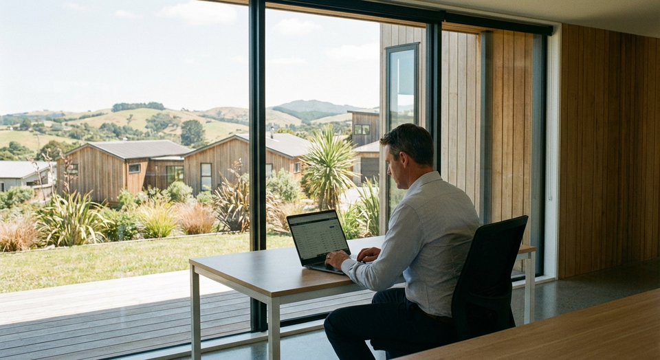 Person searching property records on laptop with New Zealand homes in background