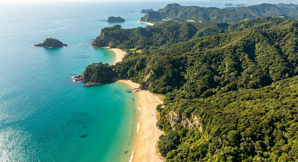 Aerial view of Coromandel Peninsula coastline New Zealand - property title search guide