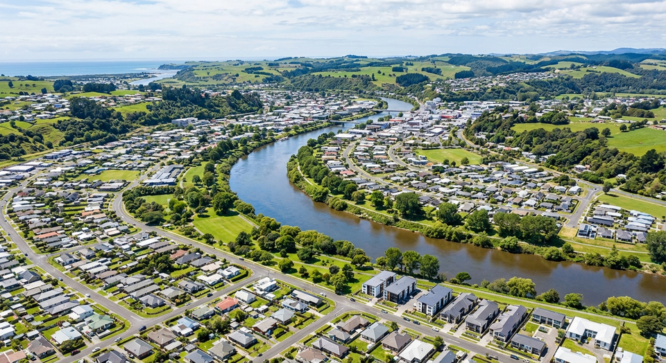 Aerial view of Whanganui city and the Whanganui River, New Zealand