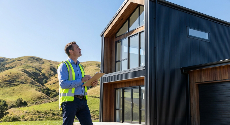 Property valuer inspecting a New Zealand home with clipboard