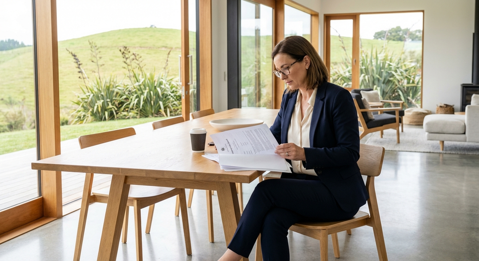 Real estate agent reviewing property title documents at a New Zealand home