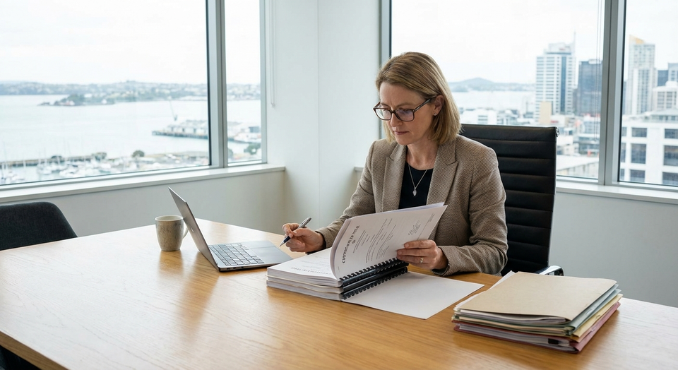 Lawyer reviewing property title documents for name removal in New Zealand