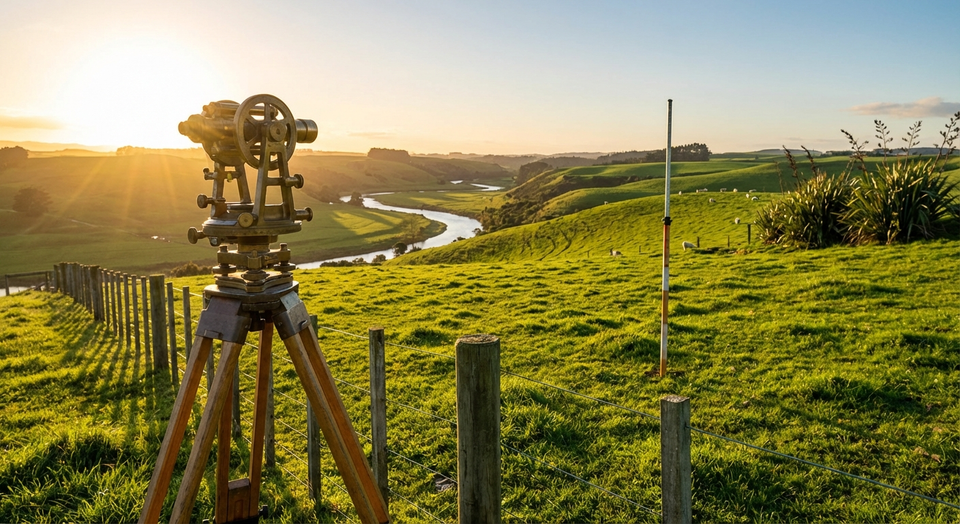 Land surveyor measuring property boundary with professional equipment in New Zealand landscape