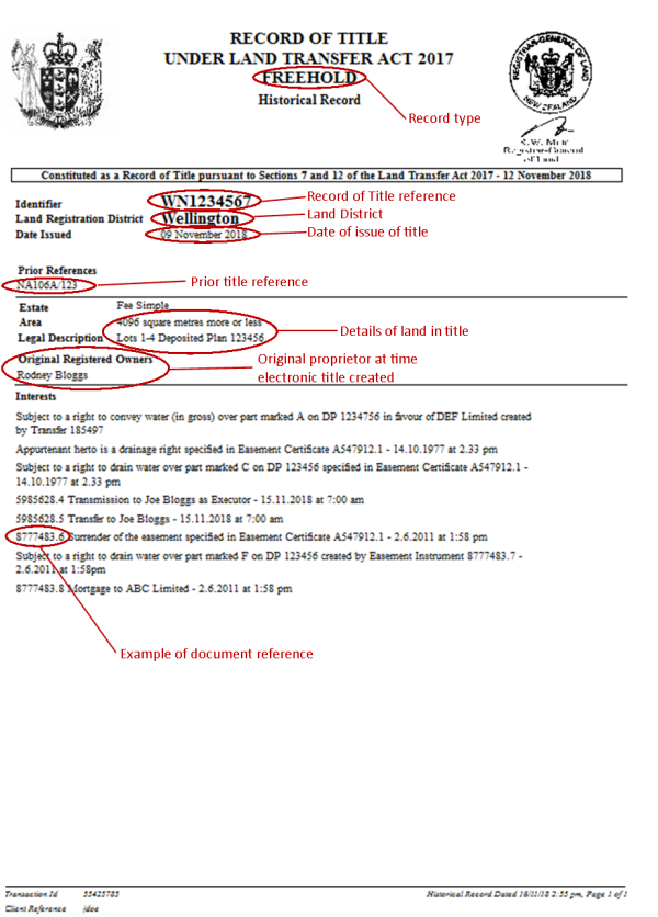 Record of Title Historical sample document